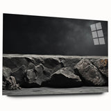 Acrylic wall art collection showcasing a vibrant landscape design with rocky formations, viewed from the side, highlighting its sleek glass finish and modern aesthetic. Ideal for contemporary decor.