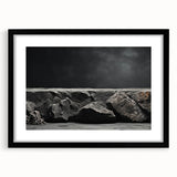 Framed wall art featuring a stunning landscape of rocky formations in earthy tones, with a sleek black frame and mat, perfect for modern home decor.