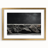 Gold-framed wall art featuring a stunning landscape design with rocks, set against a mat background. Ideal for enhancing home decor with a touch of elegance.