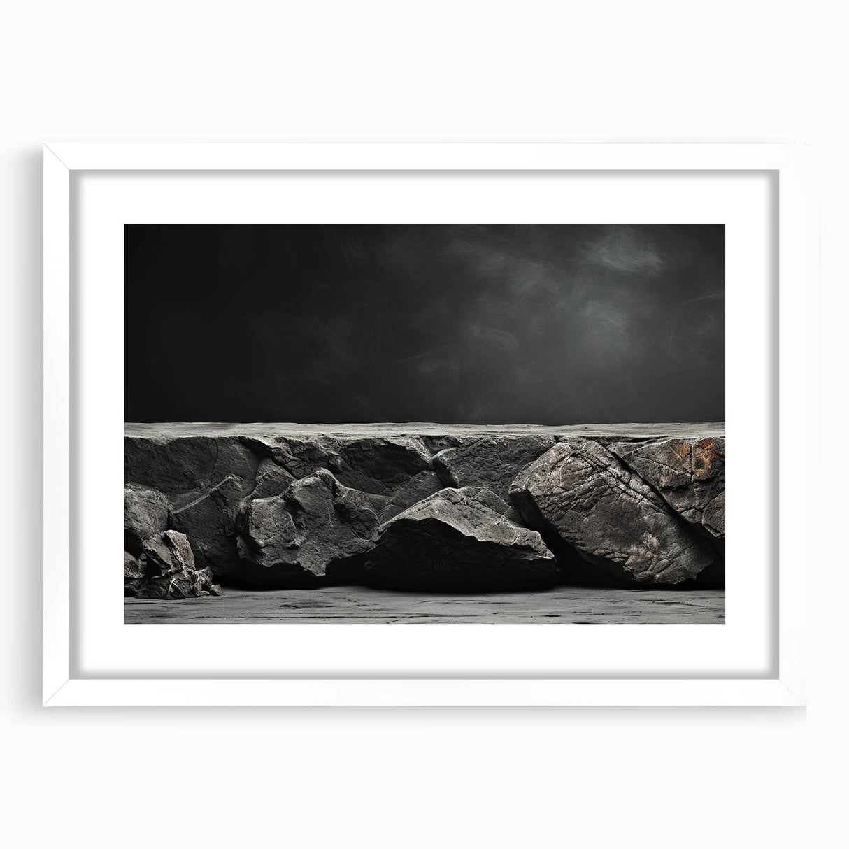 Framed wall art showcasing a stunning landscape of rocky formations, featuring a white mat and sleek design, perfect for modern home decor.