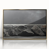 Framed acrylic wall art showcasing a striking landscape design with textured rocks in gold tones, perfect for enhancing modern home decor. Ideal for art enthusiasts.
