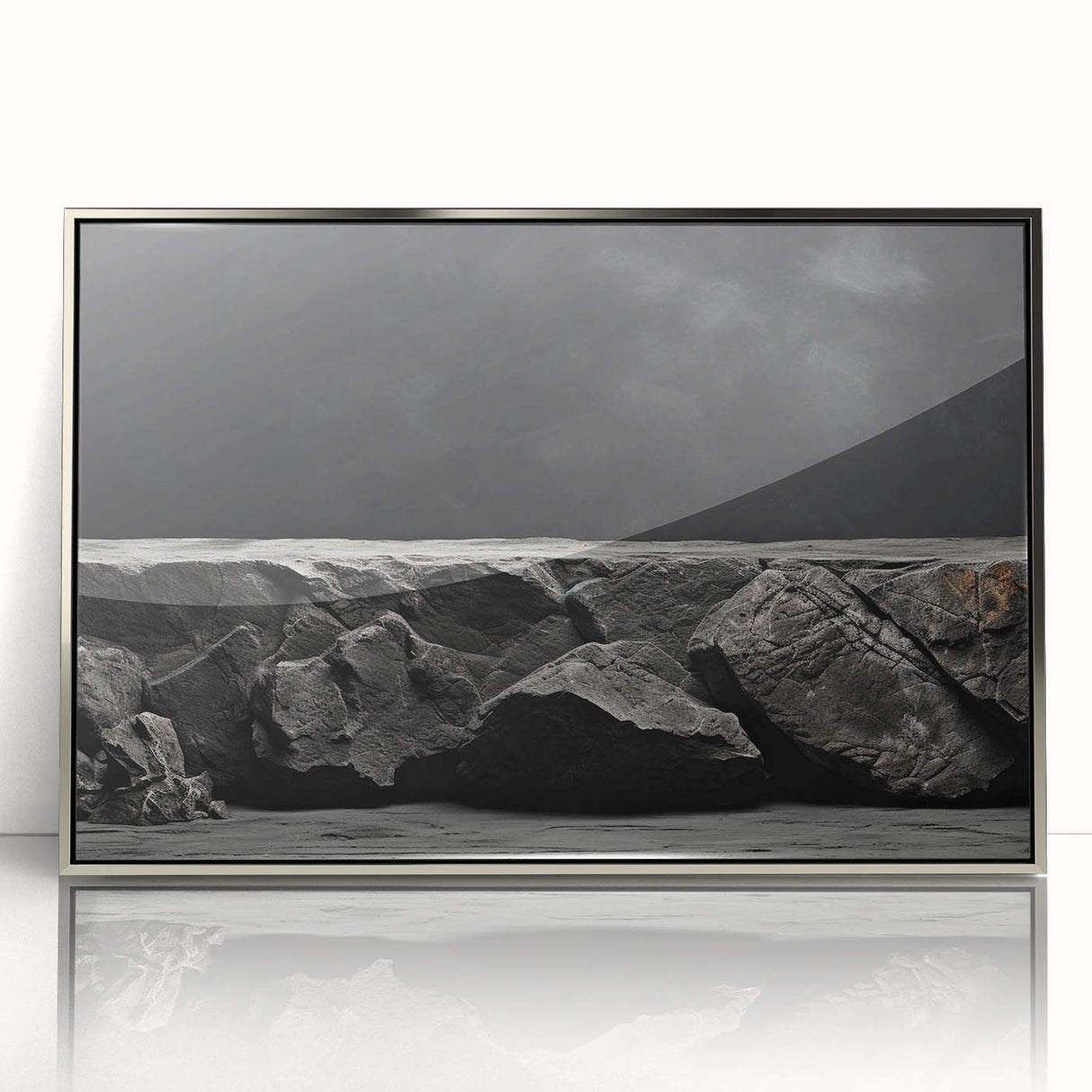 Framed acrylic wall art showcasing a stunning landscape with intricate rock formations, presented in a sleek silver frame, perfect for modern home decor.