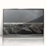 Framed acrylic wall art showcasing a stunning landscape with intricate rock formations, presented in a sleek silver frame, perfect for modern home decor.