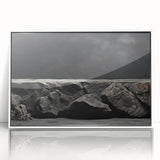 Framed acrylic wall art featuring a stunning landscape of rocky formations, designed with a contemporary aesthetic, showcased against a white background, ideal for modern home decor.