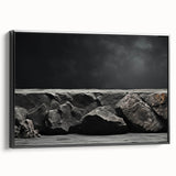 Framed canvas wall art showcasing a striking landscape design with rocky terrain and vibrant colors, displayed with a black frame for an elegant finish.