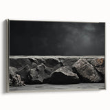 Framed canvas wall art featuring a modern landscape design with rocks, showcasing a silver frame that complements the artwork's natural color palette, ideal for home decor.