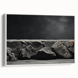 Framed canvas wall art showcasing a serene landscape with rocks and soft hues, elegantly displayed against a white backdrop, perfect for home decor.