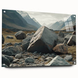 A side view of a modern acrylic wall art piece showcasing a vibrant landscape design with textured rocks, displayed with sleek pins for hanging, perfect for contemporary decor.