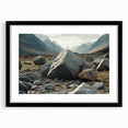 Framed wall art featuring a stunning landscape design with rocks, set in a sleek black frame with a mat, ideal for modern home decor.