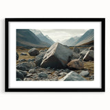 Framed wall art featuring a stunning landscape design with rocks, set in a sleek black frame with a mat, ideal for modern home decor.