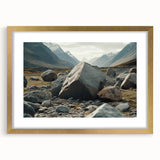 Framed wall art collection showcasing a stunning landscape with rocks, featuring a gold mat and frame, ideal for enhancing home decor aesthetics.