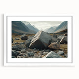 Framed landscape wall art featuring a serene rocky scene, with a white mat and sleek frame, perfect for enhancing modern home decor. Ideal for nature lovers seeking stylish artistic accents.