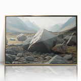 Framed wall art featuring a stunning landscape design with rocky formations, elegantly displayed in gold accents, perfect for enhancing modern home decor.