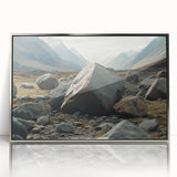 Framed acrylic wall art featuring a stunning landscape design with rocks, set in a sleek silver frame, ideal for modern home decor and interior styling.