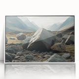Framed acrylic wall art showcasing a stunning landscape design with rocks, emphasizing earthy tones and intricate details; ideal for home decor enhancement.