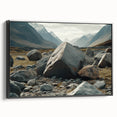 Framed canvas wall art showcasing a stunning landscape with rocks, featuring rich colors and intricate textures, perfect for enhancing home decor. The piece is presented in a sleek black frame, adding a modern touch to any room.