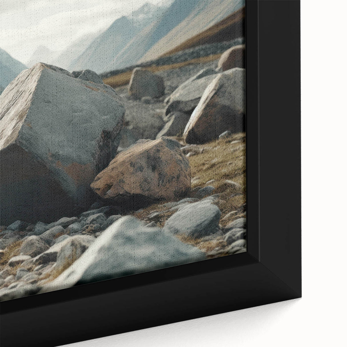 Framed canvas wall art showcasing a close-up of a detailed rocky landscape design with earthy tones, perfect for enhancing modern home decor.