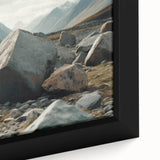 Framed canvas wall art showcasing a close-up of a detailed rocky landscape design with earthy tones, perfect for enhancing modern home decor.