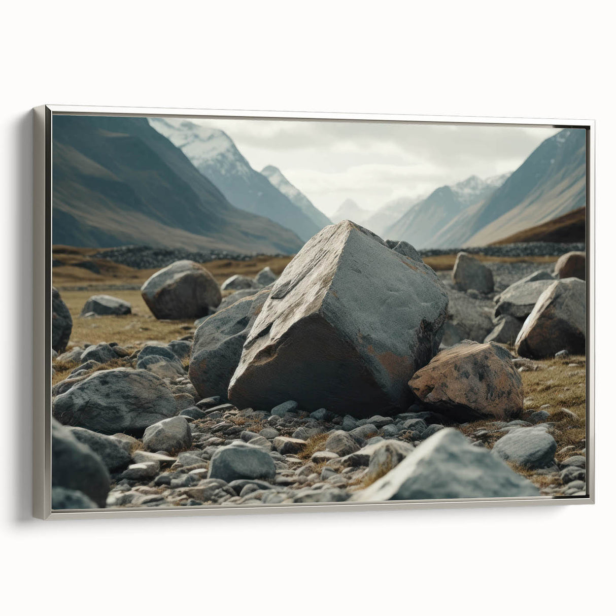 Framed canvas wall art showcasing a serene landscape with rocks, featuring a silver frame, ideal for home decor, enhancing modern interiors with natural beauty.
