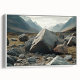 Framed canvas wall art showcasing a serene landscape with vibrant rocks and earthy tones, elegantly displayed from a white side view, perfect for home decor.