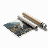 Vibrant rolled print showcasing an abstract landscape with textured rocks and earthy tones, ideal for modern home decor or office wall art displays.