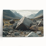 Stretched canvas wall art showcasing a scenic landscape with rugged rocks and vibrant colors, designed to enhance home decor with natural beauty.