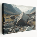 Stretched canvas wall art showcasing a vibrant landscape with rocks and natural elements, ideal for home decor. The piece highlights earthy tones and textures, adding depth to any room. Perfect for nature lovers seeking artistic expression in their space.