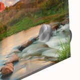 Close-up view of a vibrant acrylic glass wall art piece showcasing a detailed landscape of colorful rocks, ideal for modern home decor. Perfect for enhancing interior spaces.