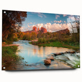 Acrylic glass wall art showcasing a vibrant landscape design with colorful rocks, displayed in a modern setting with stylish pins for hanging. Ideal for enhancing home decor.