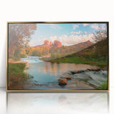 Framed acrylic wall art featuring a striking landscapes and rocks design with gold accents, showcasing vibrant colors and modern decor aesthetics, ideal for home or office.