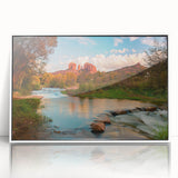 Framed acrylic wall art showcasing a serene landscape with textured rocks and vibrant colors, set against a white background, perfect for modern decor.