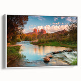 Framed canvas wall art showcasing a serene landscape with rocks and greenery, featuring a sleek white frame and side view display, perfect for modern decor.