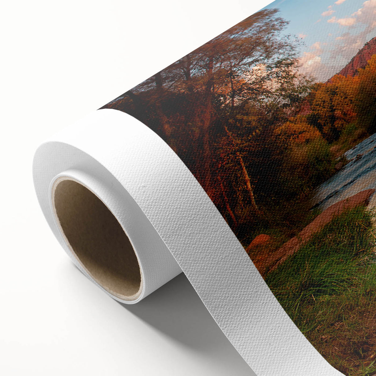 Vibrant rolled canvas artwork depicting a stunning landscape of rocky cliffs and lush greenery, perfect for home decor and enhancing interior aesthetics.