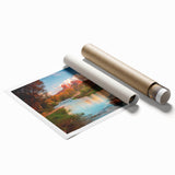 Rolled print of a stunning landscape featuring vibrant hues of blue and green, depicting rocky terrain and serene skies, perfect for home decor.
