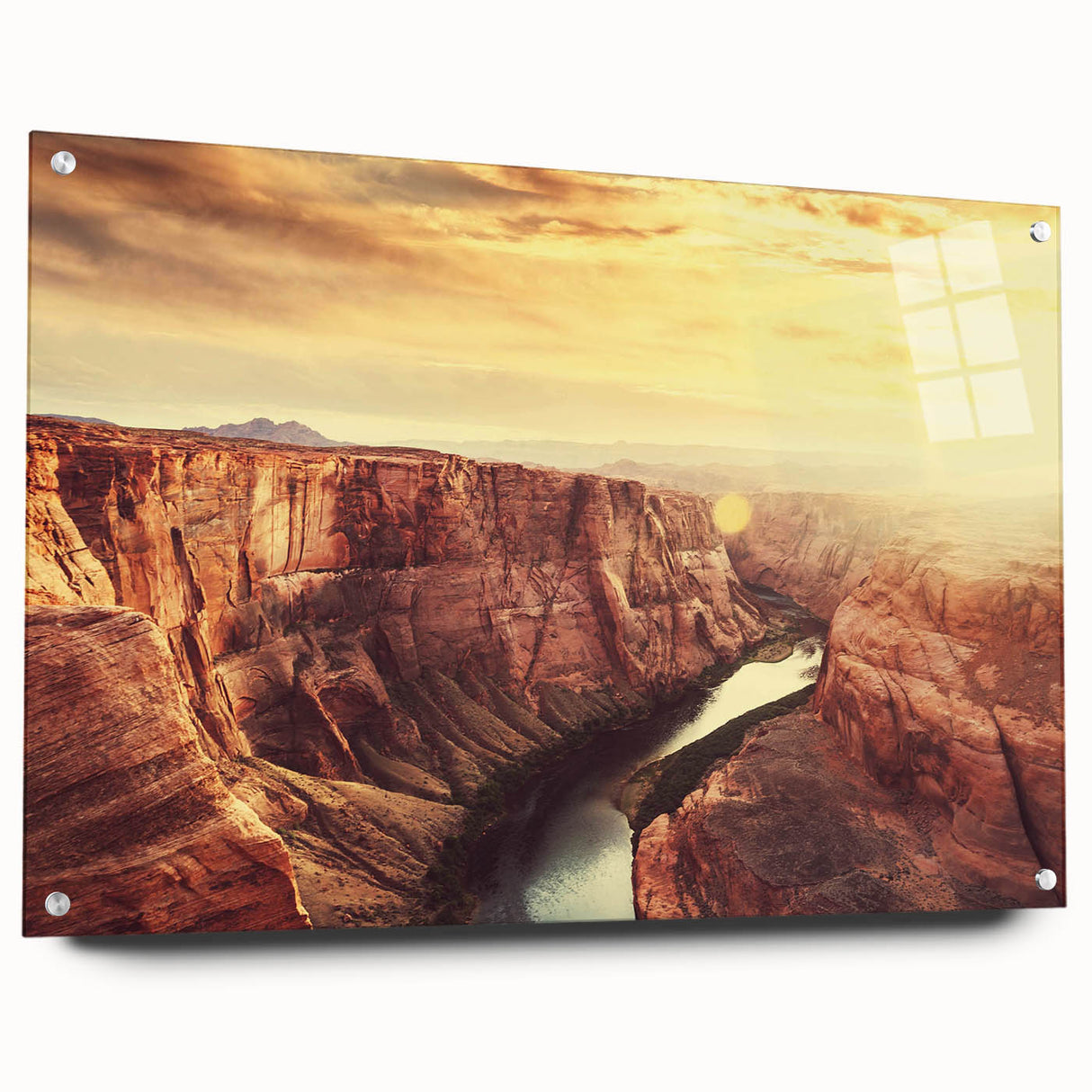 Acrylic wall art collection showcasing an abstract landscape design with vibrant colors, side view displaying pins for easy hanging, perfect for modern decor.