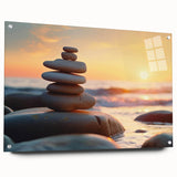 Acrylic wall art featuring a vibrant landscape design showcasing rocky formations, displayed in a sleek frame with pins for secure mounting, ideal for modern decor.