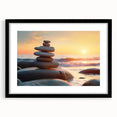 Framed wall art featuring a serene landscape with rocks, designed in a modern style, set in a sleek black frame with a white mat, perfect for home decor.