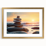 Framed wall art depicting a serene landscape with rocks, set in a stylish gold frame with a mat, ideal for modern home decor. Perfect for adding elegance to any room.
