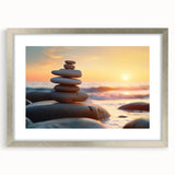 Framed wall art piece featuring a stunning landscape design with rocks, presented in a sleek silver frame with a mat. Ideal for enhancing home decor.