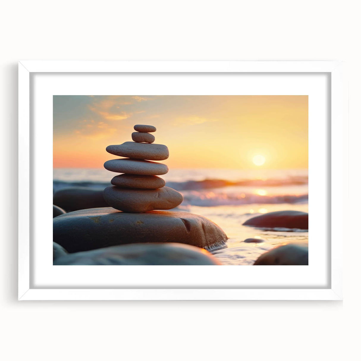 Framed wall art featuring a serene landscape design with rocks, set in a white mat and frame, perfect for enhancing home decor in modern interiors.