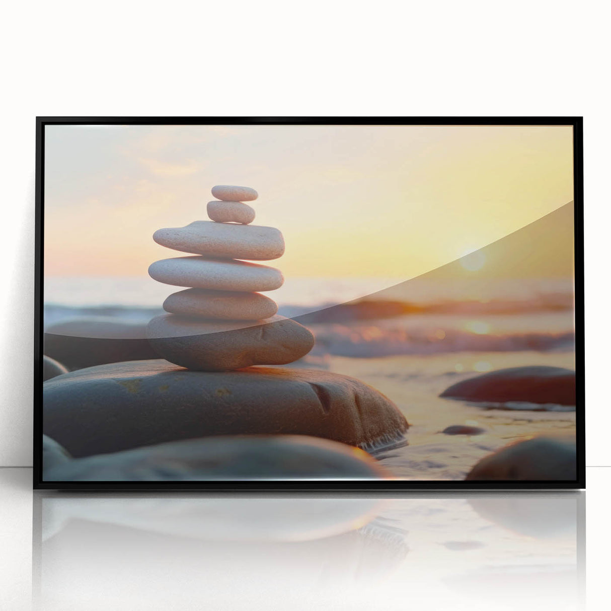 Framed acrylic wall art of a serene landscape with rocky formations and vibrant colors, showcased in a sleek black frame, perfect for modern home decor.