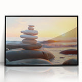 Framed acrylic wall art of a serene landscape with rocky formations and vibrant colors, showcased in a sleek black frame, perfect for modern home decor.