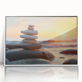 Framed acrylic wall art featuring a serene landscape with rocks and vibrant colors, displayed in a sleek white frame, perfect for home decor enhancement.