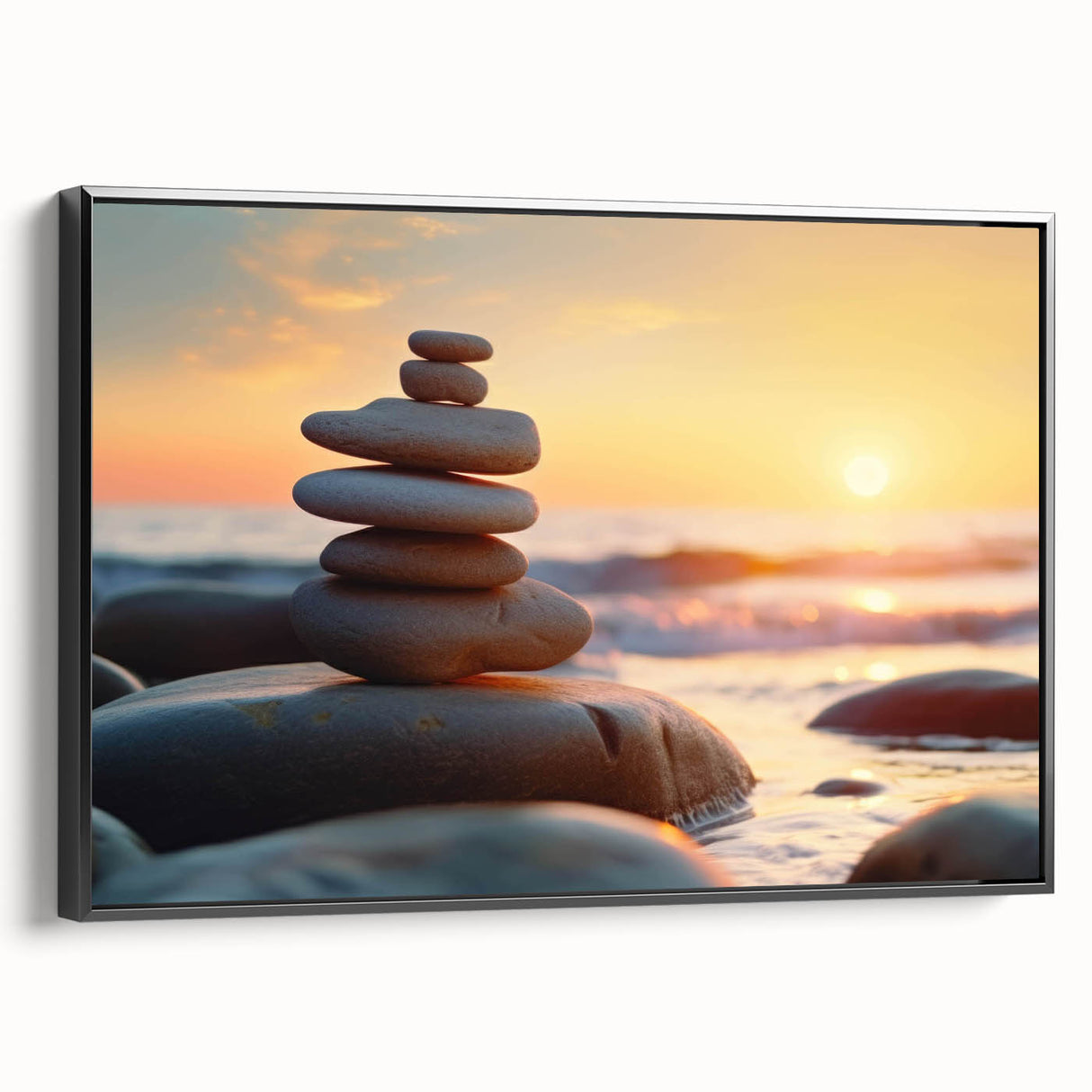 Framed canvas wall art showcasing a stunning landscape with rocks in earthy tones, featuring a sleek black frame for modern decor. Ideal for nature lovers.