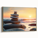 Framed canvas wall art of a rocky landscape with earthy tones and gold accents, showcasing a modern design. Ideal for enhancing home decor with a natural touch.