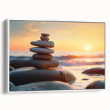 Framed canvas wall art showcasing a serene landscape with rocks, designed in soft earthy tones. The artwork adds a calming touch to any modern decor setting.