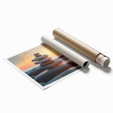 Vibrant rolled print of abstract landscape wall art showcasing colorful rocks and textures, designed for home decor, packaged securely in a cardboard tube.