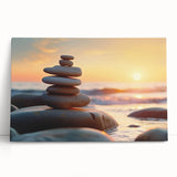 Stretched canvas wall art showcasing a serene landscape with colorful rocks, leaning against a wall, ideal for home decor and interior design enthusiasts.