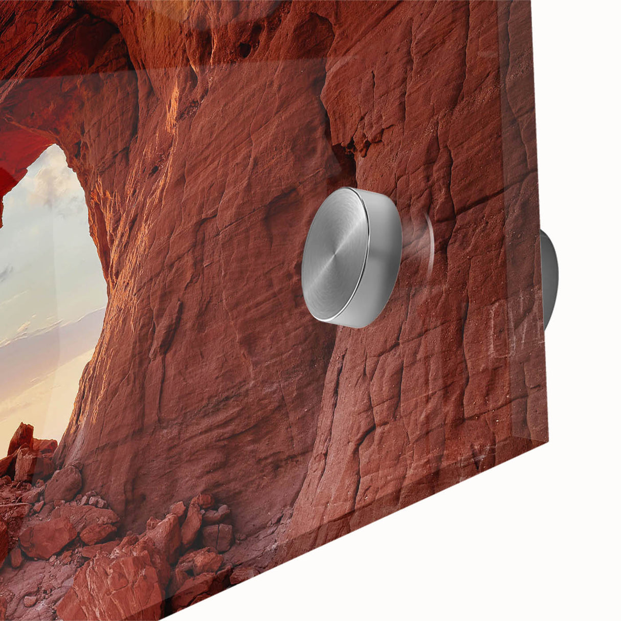 Close-up view of a vibrant acrylic wall art piece featuring abstract rock formations in rich earth tones, ideal for modern home decor or office settings.