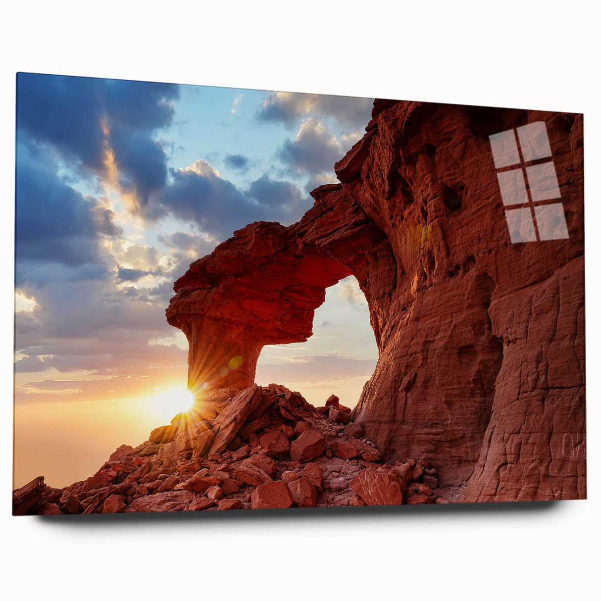 Acrylic glass wall art depicting a serene landscape with rocks and natural scenery, showcasing vibrant colors and intricate details, ideal for modern decor.